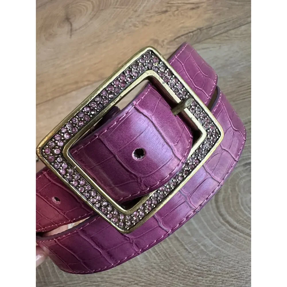 Women's Pink Alligator Embossed Leather Crystal Buckle Belt L